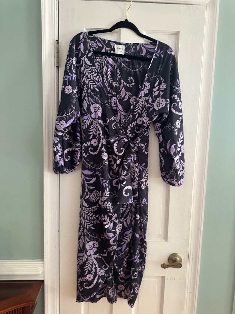 Misa Wrap Dress; Size S; Lavender and purple; paisley print